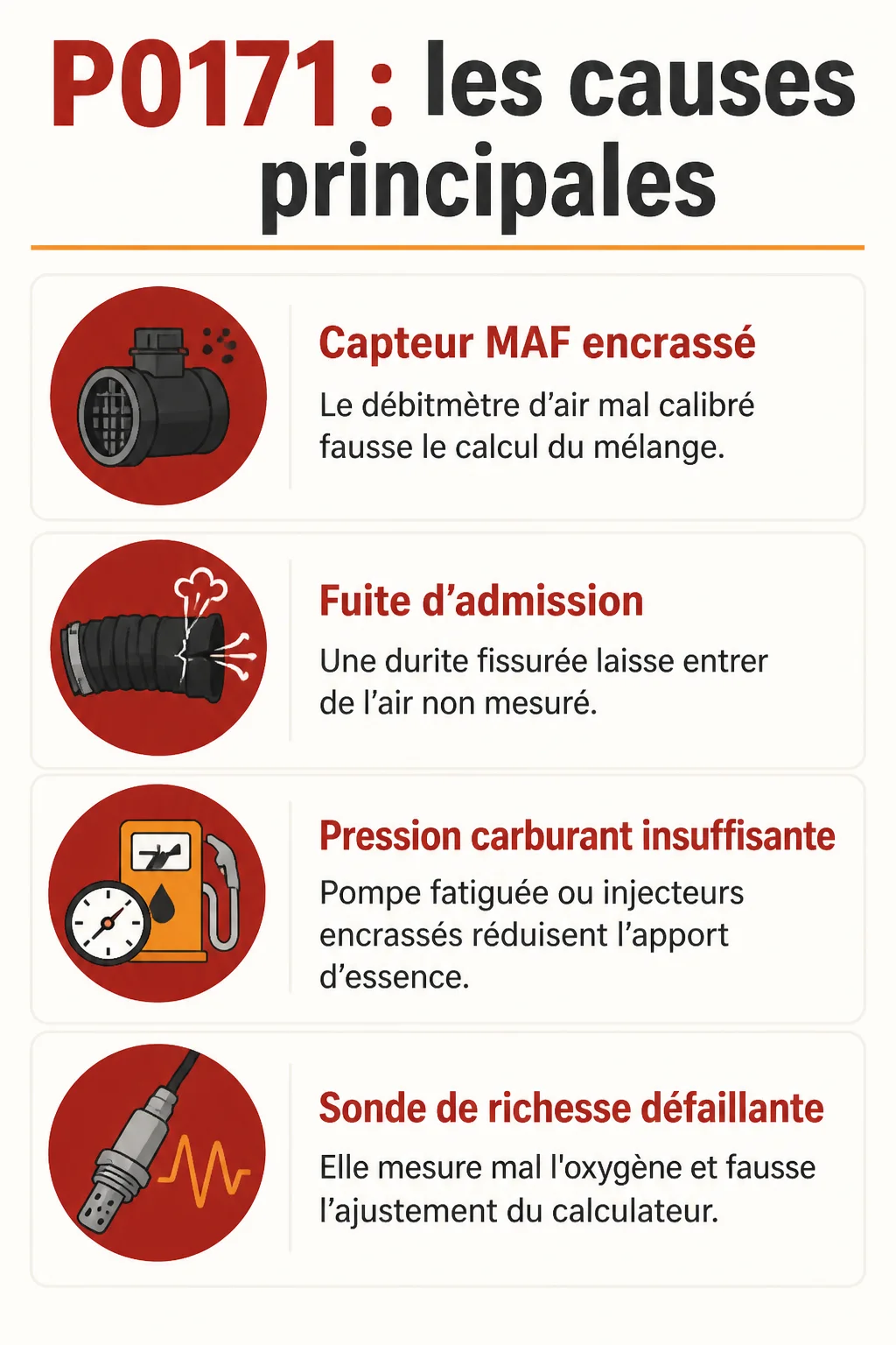 P0171 : les causes principales : Capteur MAF encrassé, Fuite d'admission, Pression carburant insuffisante, Sonde de richesse défaillante