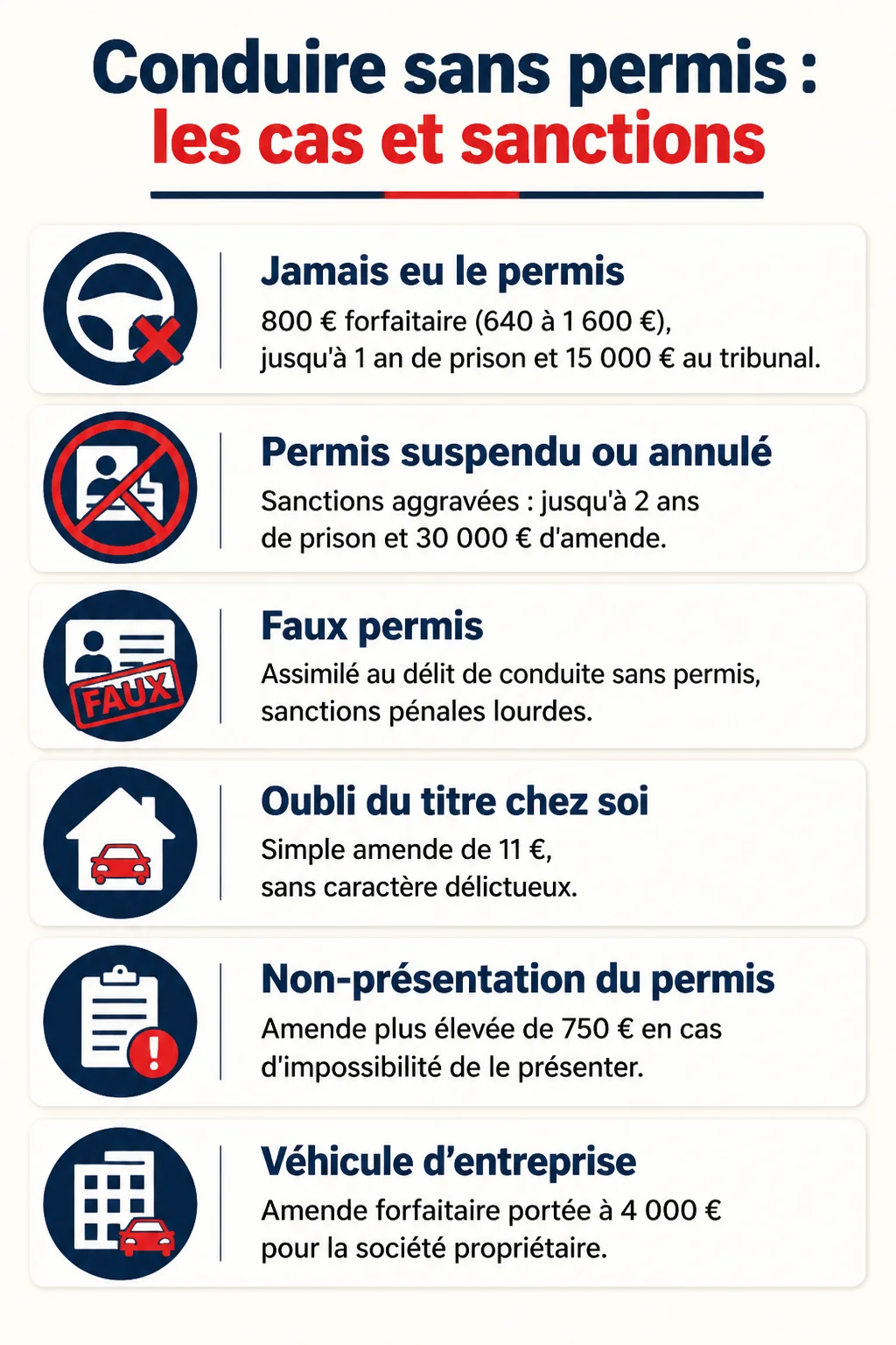 Conduire sans permis : les cas et sanctions : Jamais eu le permis, Permis suspendu ou annulé, Faux permis, Oubli du titre chez soi, Non-présentation du permis, Véhicule d'entreprise