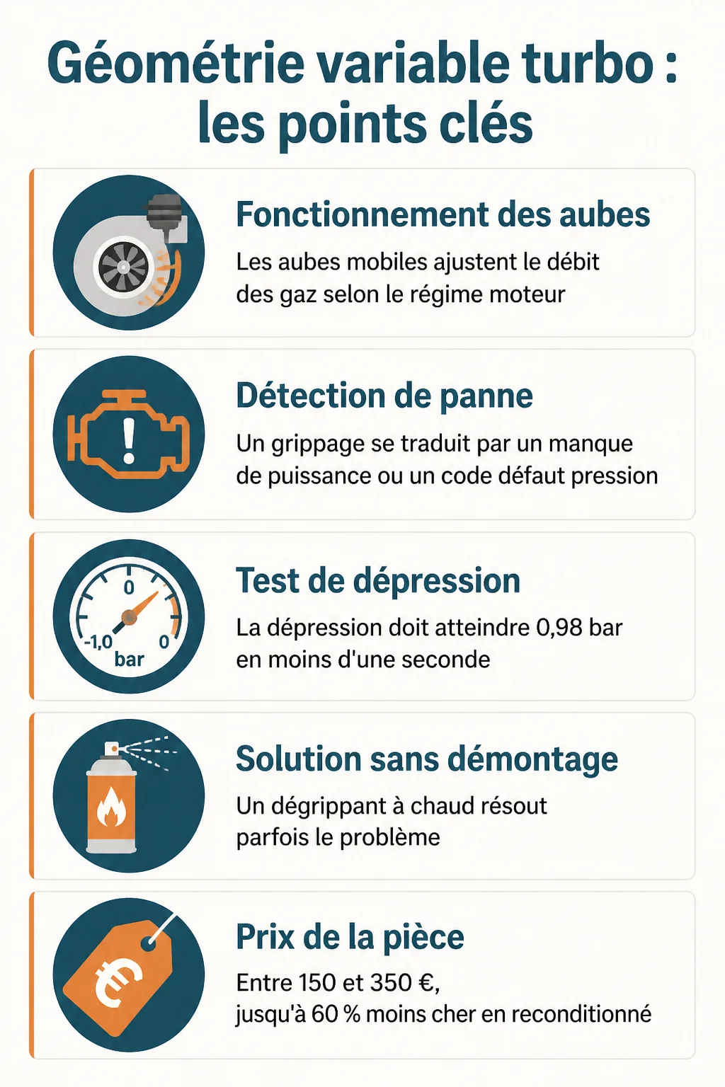 Géométrie variable turbo : les points clés : Fonctionnement des aubes, Détection de panne, Test de dépression, Solution sans démontage, Prix de la pièce