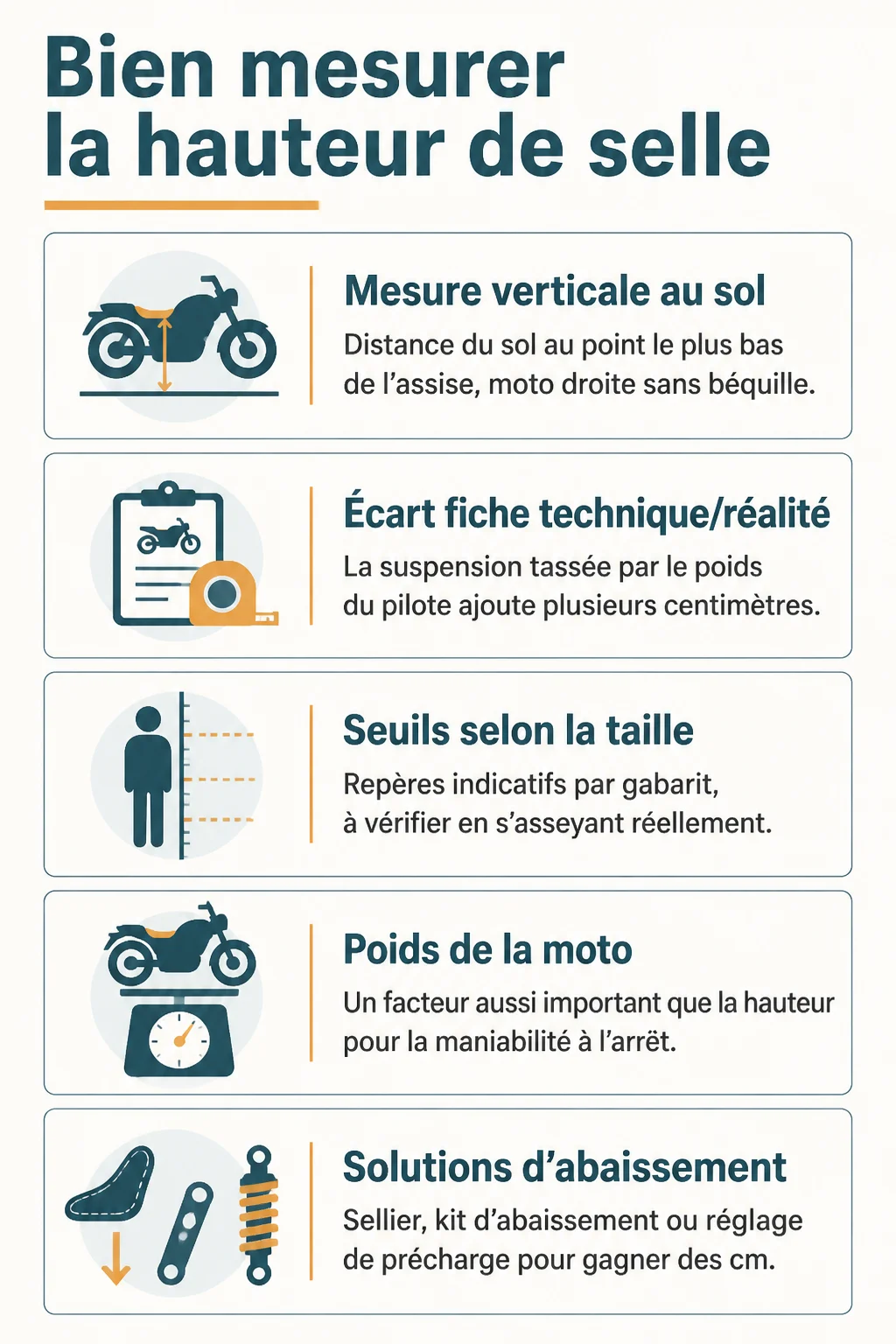 Bien mesurer la hauteur de selle : Mesure verticale au sol, Écart fiche technique/réalité, Seuils selon la taille, Poids de la moto, Solutions d'abaissement