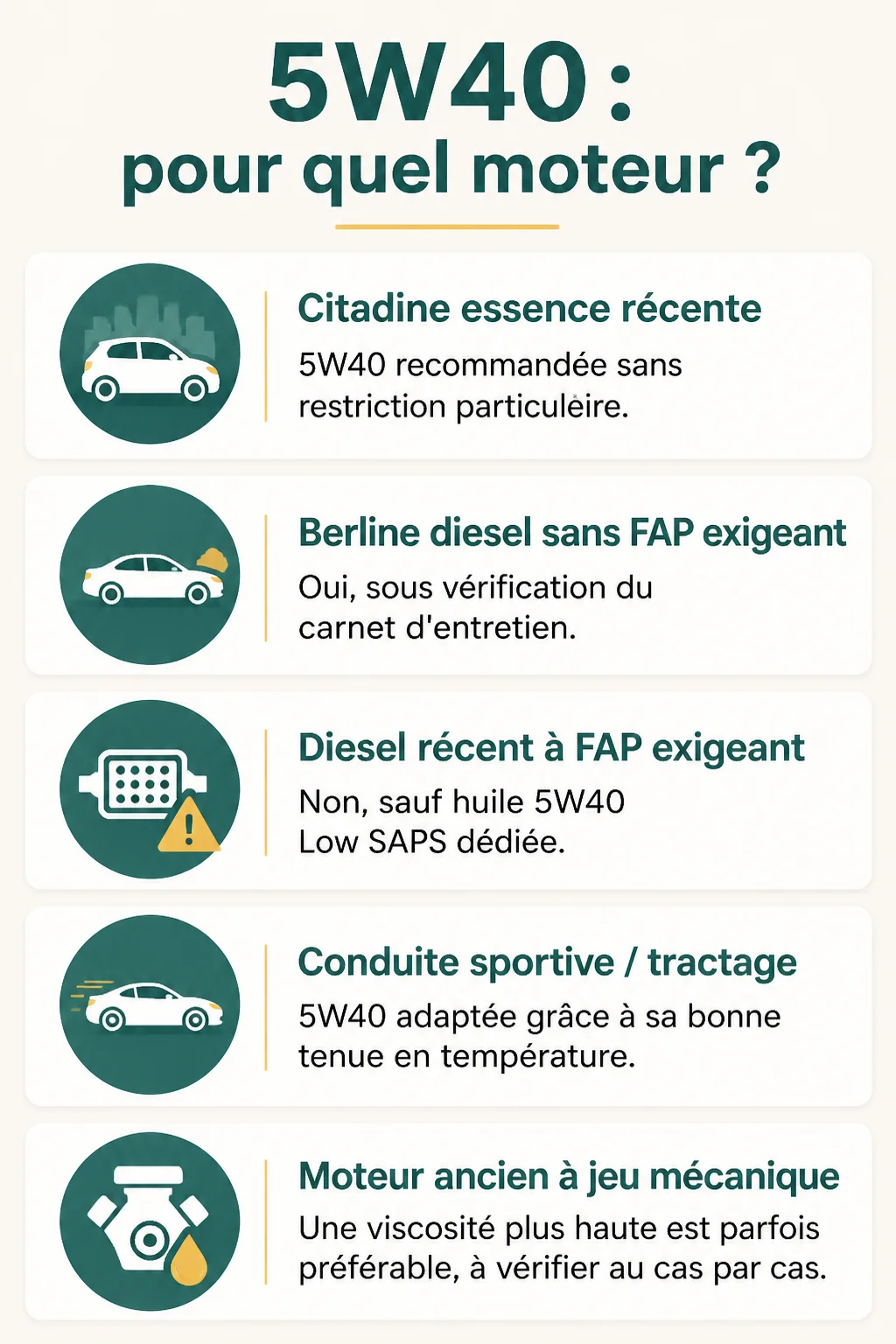 5W40 : pour quel moteur ? : Citadine essence récente, Berline diesel sans FAP exigeant, Diesel récent à FAP exigeant, Conduite sportive / tractage, Moteur ancien à jeu mécanique