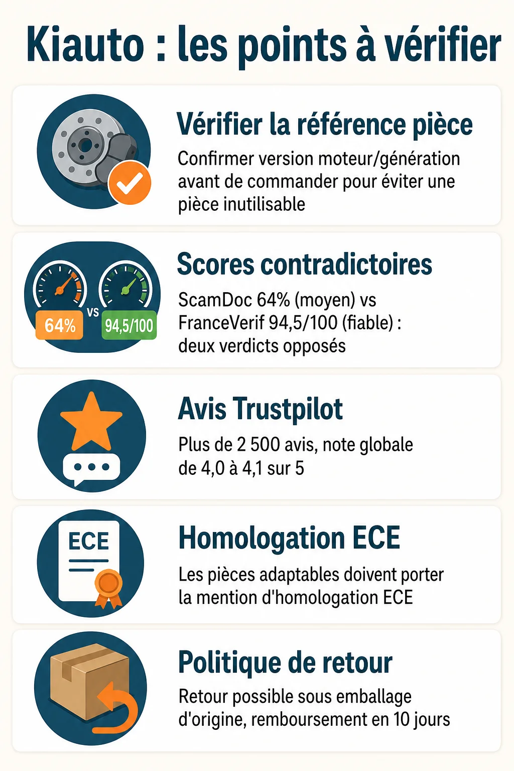 Kiauto : les points à vérifier : Vérifier la référence pièce, Scores contradictoires, Avis Trustpilot, Homologation ECE, Politique de retour