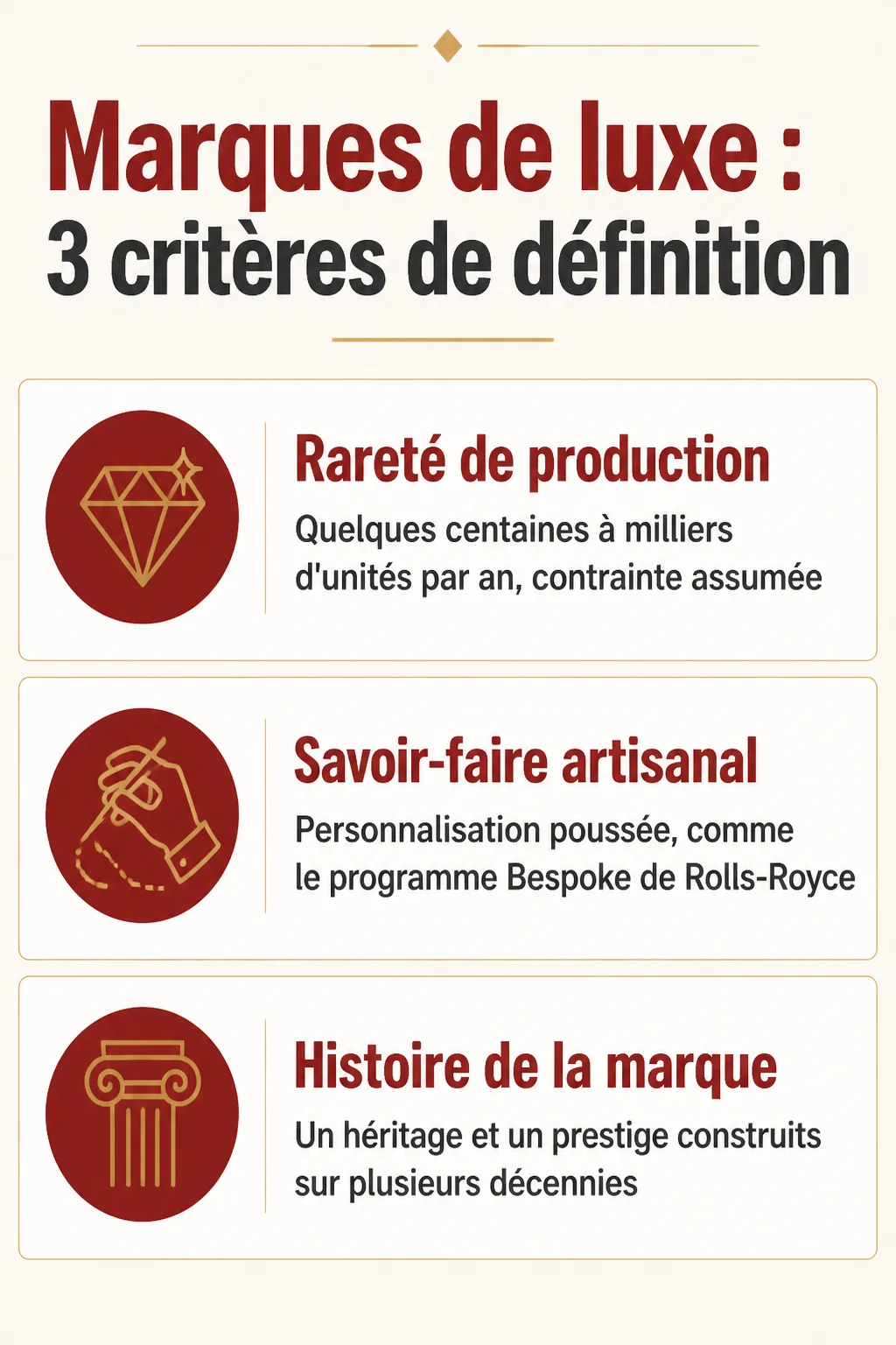 Marques de luxe : 3 critères de définition : Rareté de production, Savoir-faire artisanal, Histoire de la marque