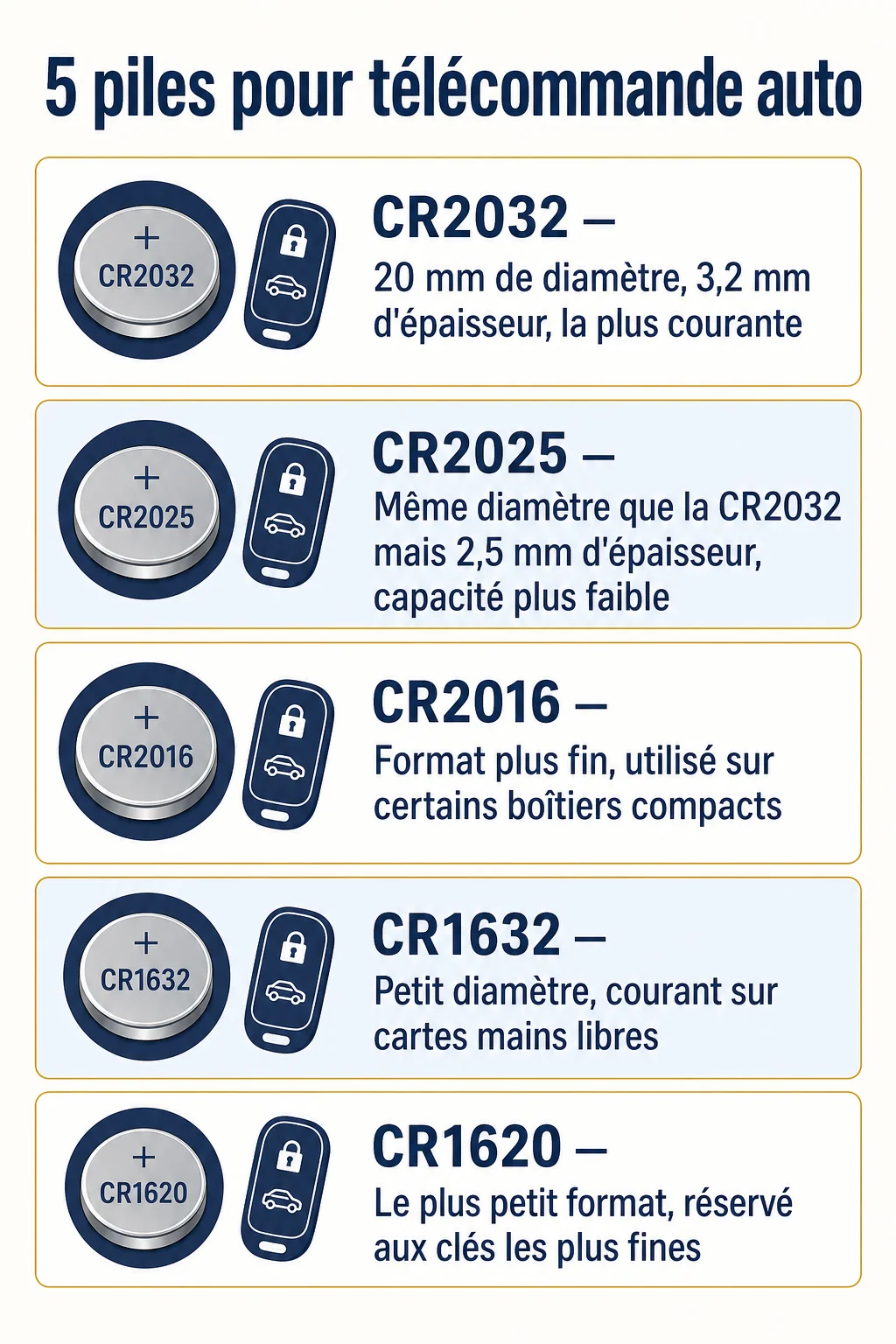 5 piles pour télécommande auto : CR2032, CR2025, CR2016, CR1632, CR1620