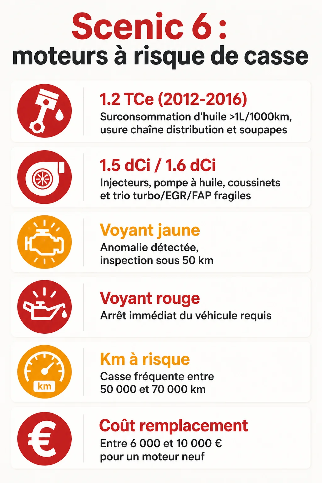 Scenic 6 : moteurs à risque de casse : 1.2 TCe (2012-2016), 1.5 dCi / 1.6 dCi, Voyant jaune, Voyant rouge, Km à risque, Coût remplacement