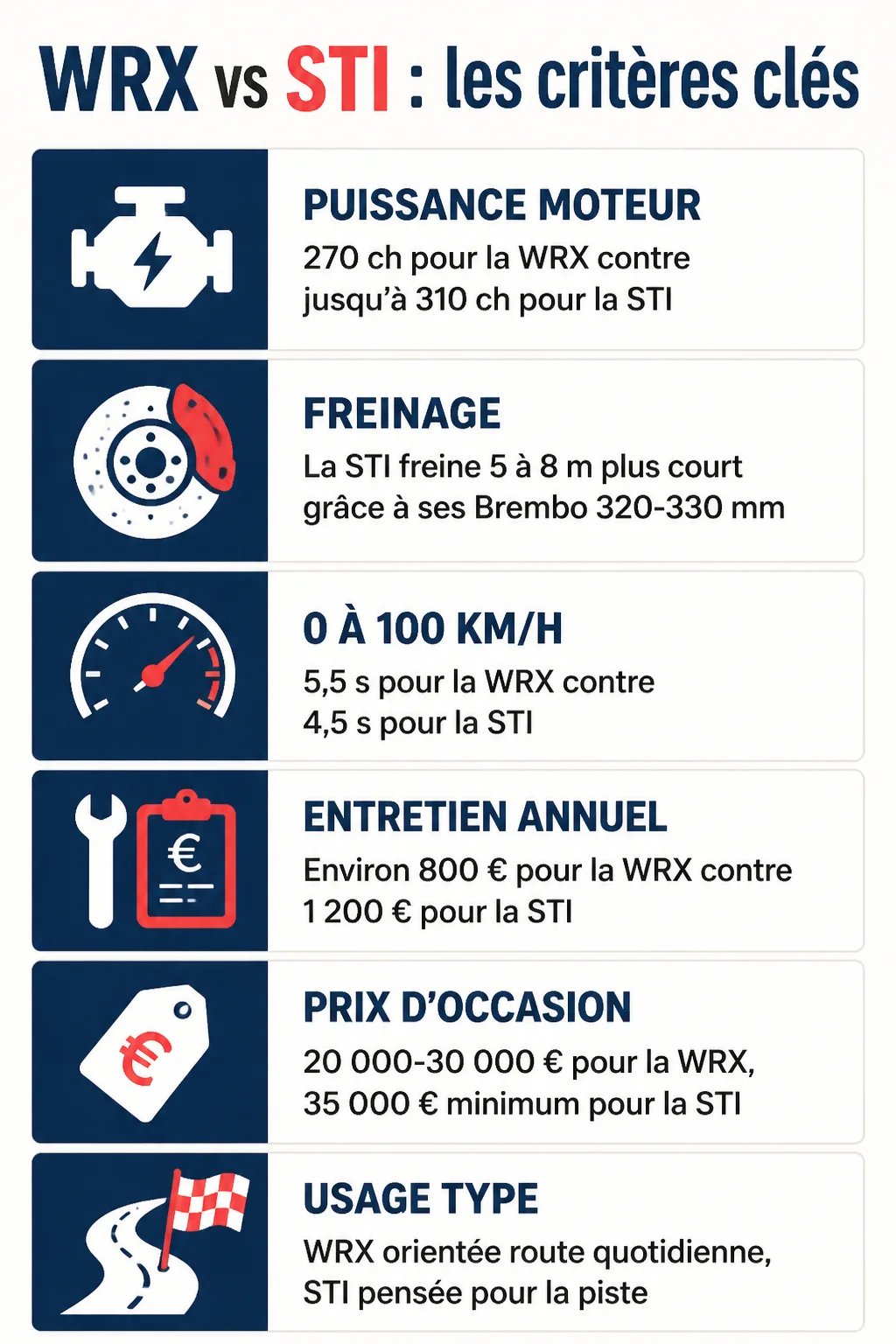 WRX vs STI : les critères clés : Puissance moteur, Freinage, 0 à 100 km/h, Entretien annuel, Prix d'occasion, Usage type