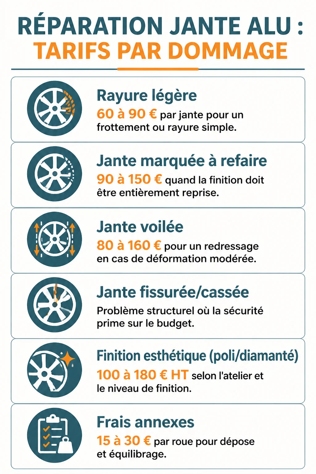 Réparation jante alu : tarifs par dommage : Rayure légère, Jante marquée à refaire, Jante voilée, Jante fissurée/cassée, Finition esthétique (poli/diamanté), Frais annexes