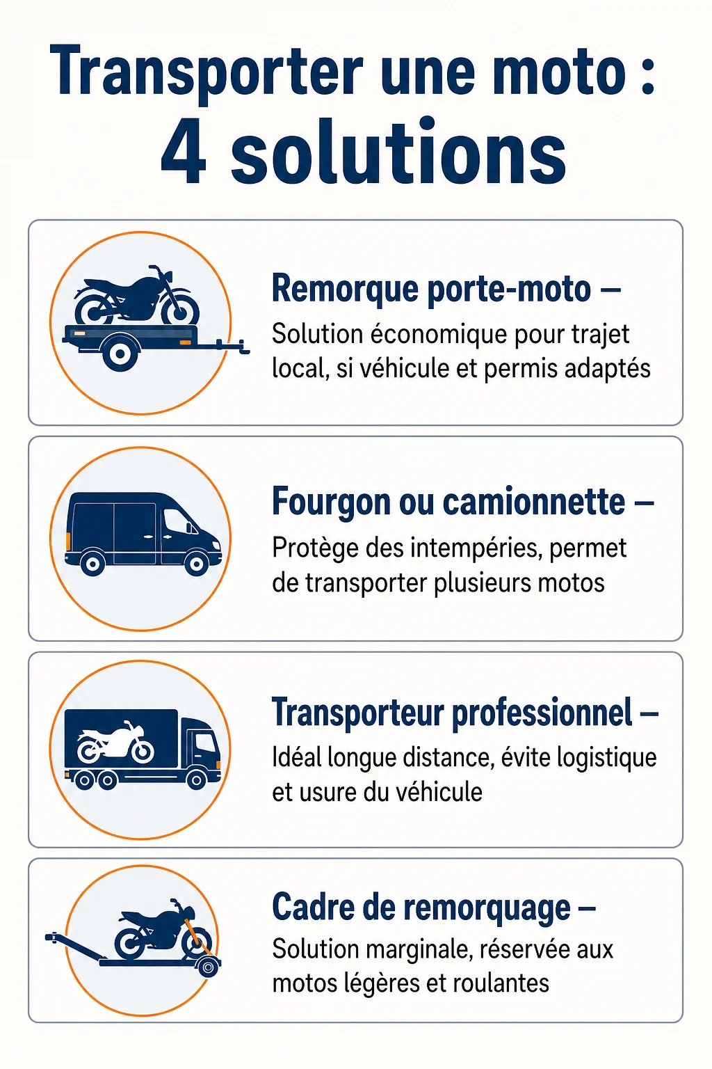Transporter une moto : 4 solutions : Remorque porte-moto, Fourgon ou camionnette, Transporteur professionnel, Cadre de remorquage