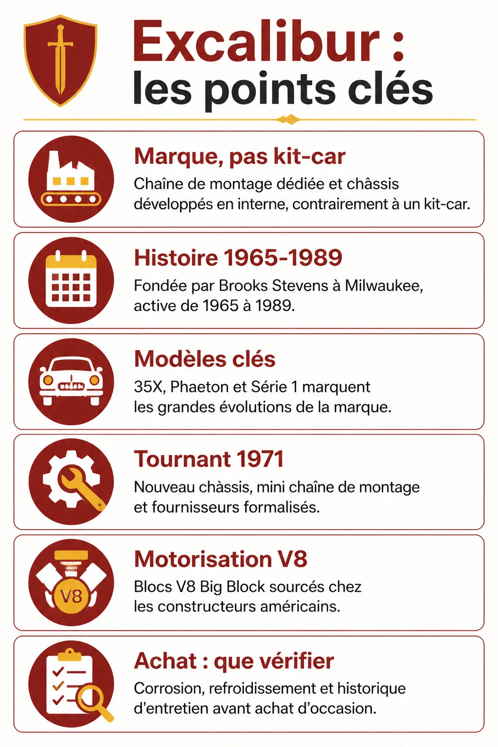 Excalibur : les points clés : Marque, pas kit-car, Histoire 1965-1989, Modèles clés, Tournant 1971, Motorisation V8, Achat : que vérifier