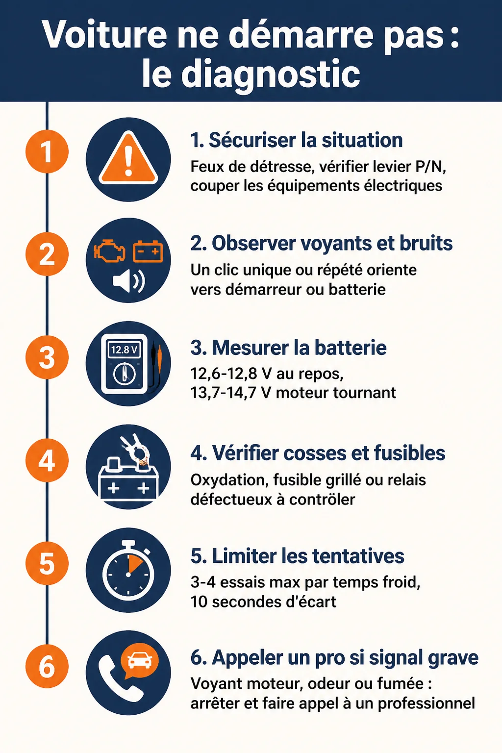 Voiture ne démarre pas : le diagnostic : 1. Sécuriser la situation, 2. Observer voyants et bruits, 3. Mesurer la batterie, 4. Vérifier cosses et fusibles, 5. Limiter les tentatives, 6. Appeler un pro si signal grave