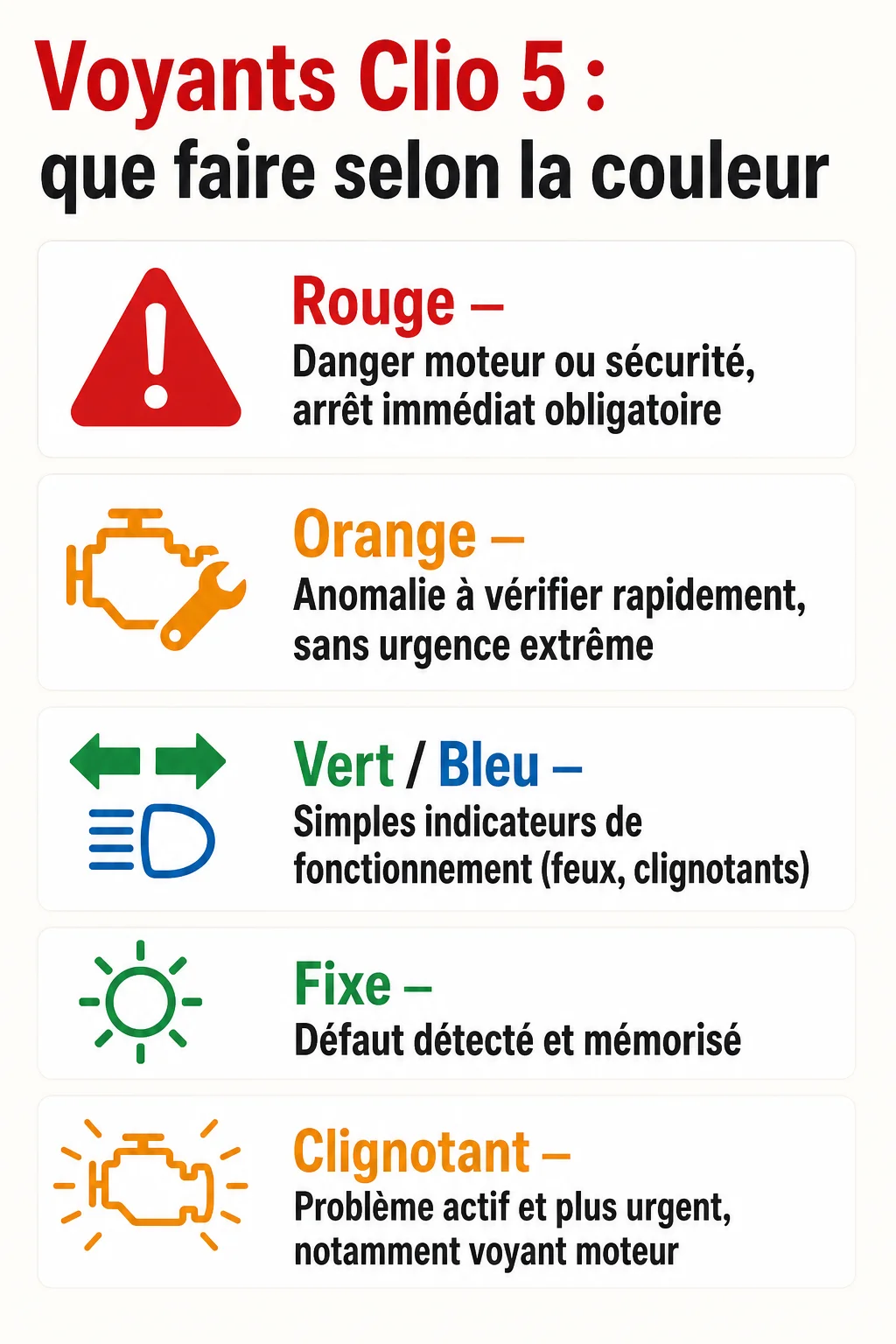 Voyants Clio 5 : que faire selon la couleur : Rouge, Orange, Vert / Bleu, Fixe, Clignotant