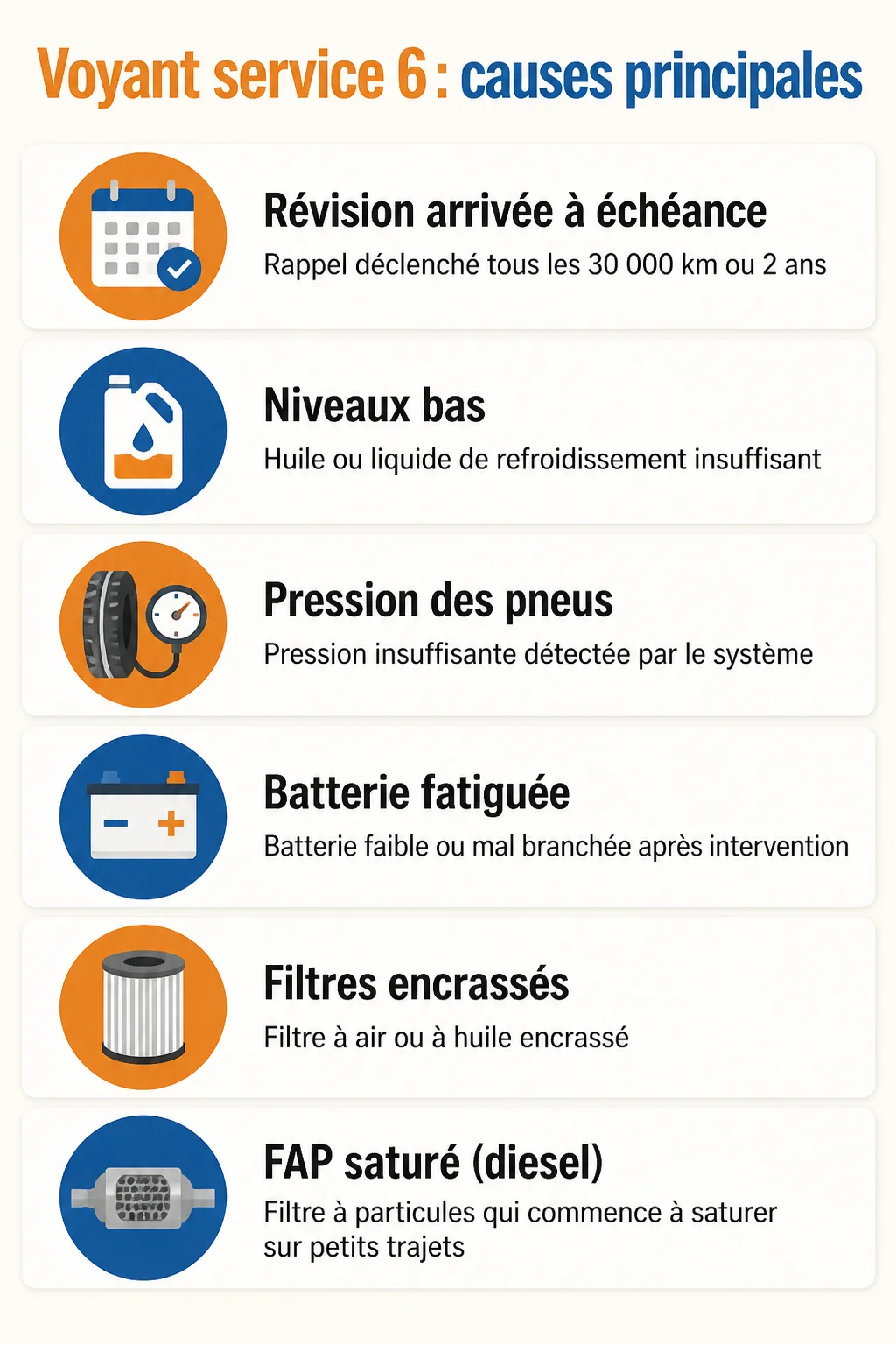 Voyant service 6 : causes principales : Révision arrivée à échéance, Niveaux bas, Pression des pneus, Batterie fatiguée, Filtres encrassés, FAP saturé (diesel)