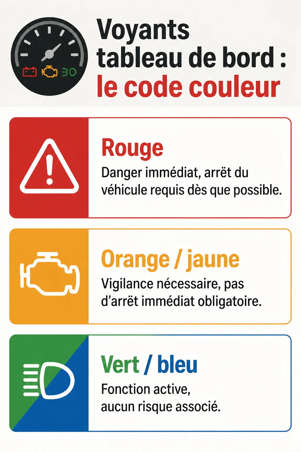 Voyants tableau de bord : le code couleur : Rouge, Orange / jaune, Vert / bleu