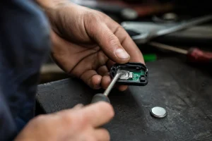 Mains ouvrant une télécommande de voiture avec un tournevis plat pour changer la pile bouton CR2032