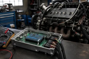 Boîtier Speeduino câblé sur un moteur TU3JP dans un atelier de mécanique avec multimètre