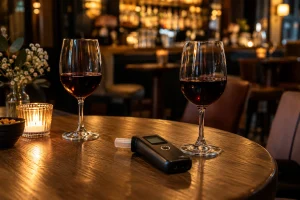Éthylotest posé sur une table à côté de deux verres de vin en soirée