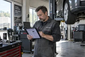 Mécanicien consultant un devis d'assurance auto sur tablette dans un atelier