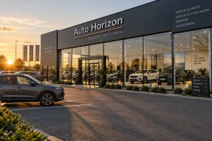 Showroom de concession automobile avec véhicules neufs exposés derrière une façade vitrée