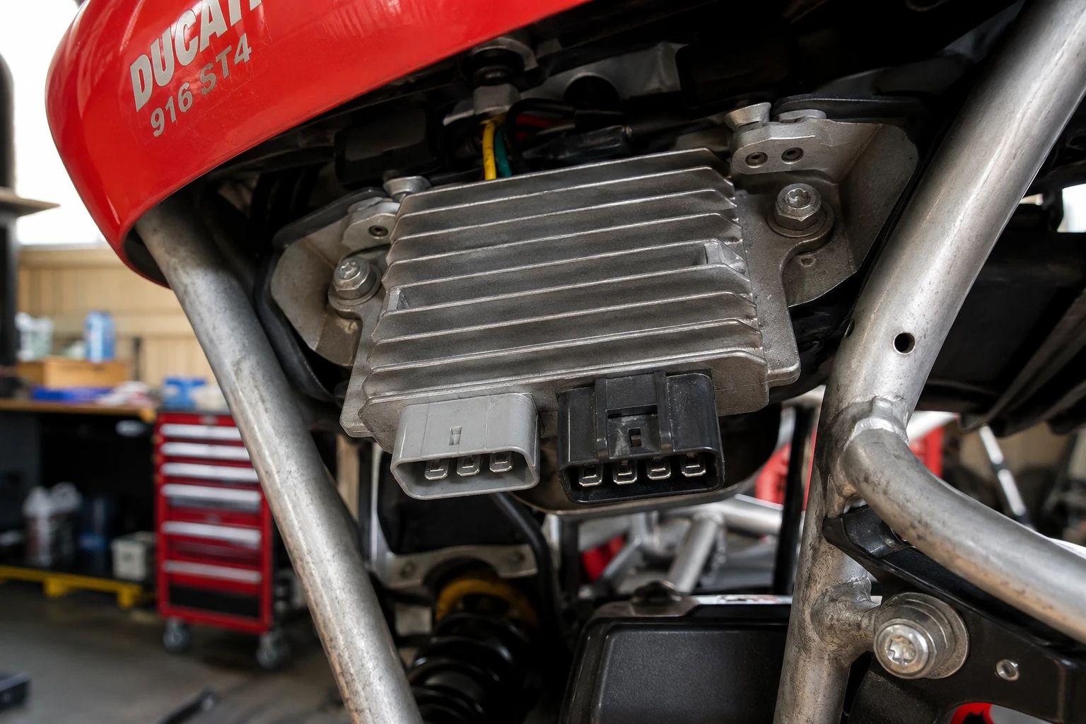Emplacement du régulateur de tension sur la Ducati 916 ST4