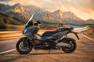 Honda Forza 750 gris métallisé sur une route de montagne au coucher du soleil