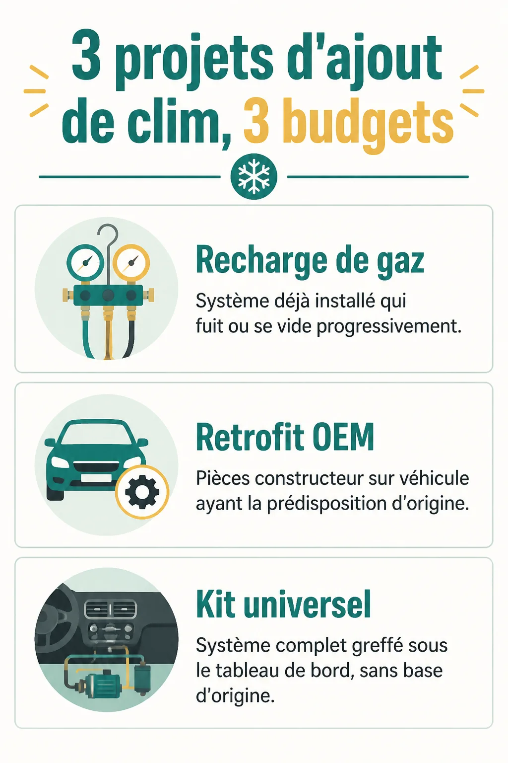 3 projets d'ajout de clim, 3 budgets : Recharge de gaz, Retrofit OEM, Kit universel