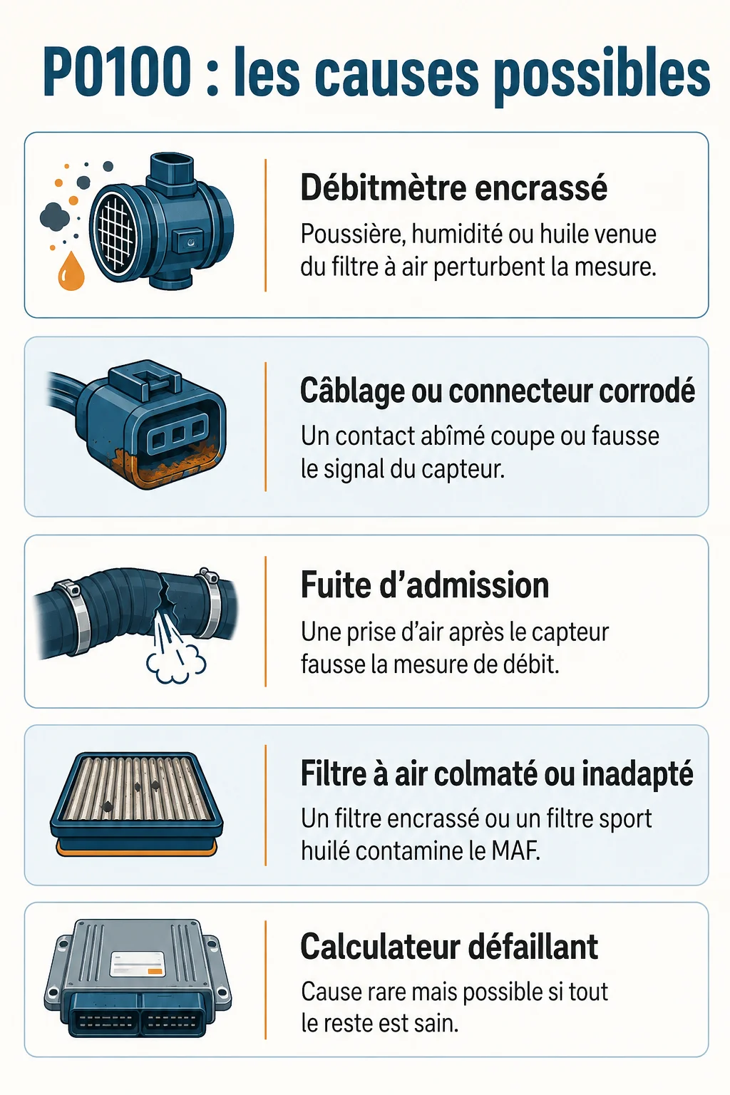 P0100 : les causes possibles : Débitmètre encrassé, Câblage ou connecteur corrodé, Fuite d'admission, Filtre à air colmaté ou inadapté, Calculateur défaillant