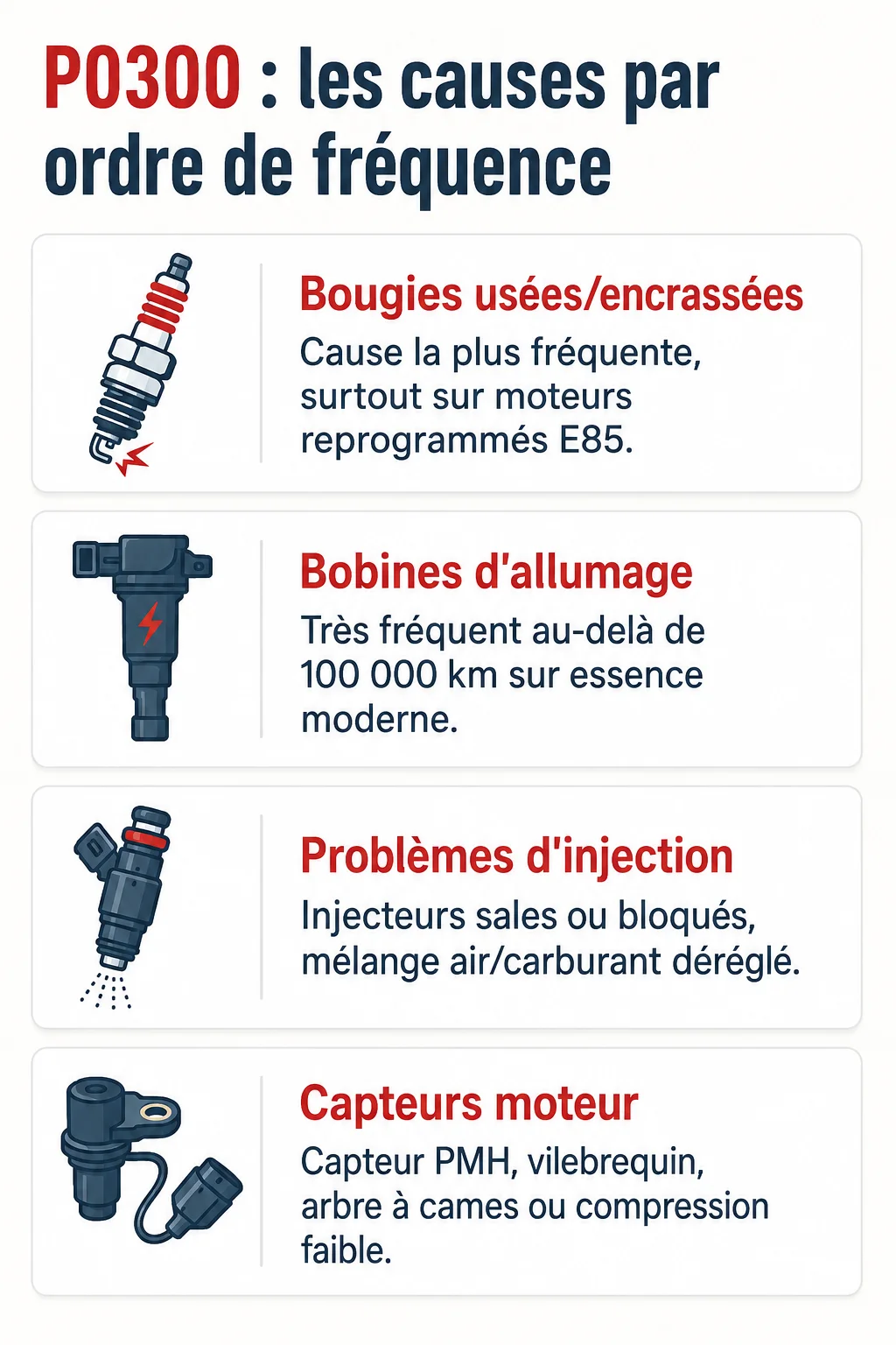 P0300 : les causes par ordre de fréquence : Bougies usées/encrassées, Bobines d'allumage, Problèmes d'injection, Capteurs moteur