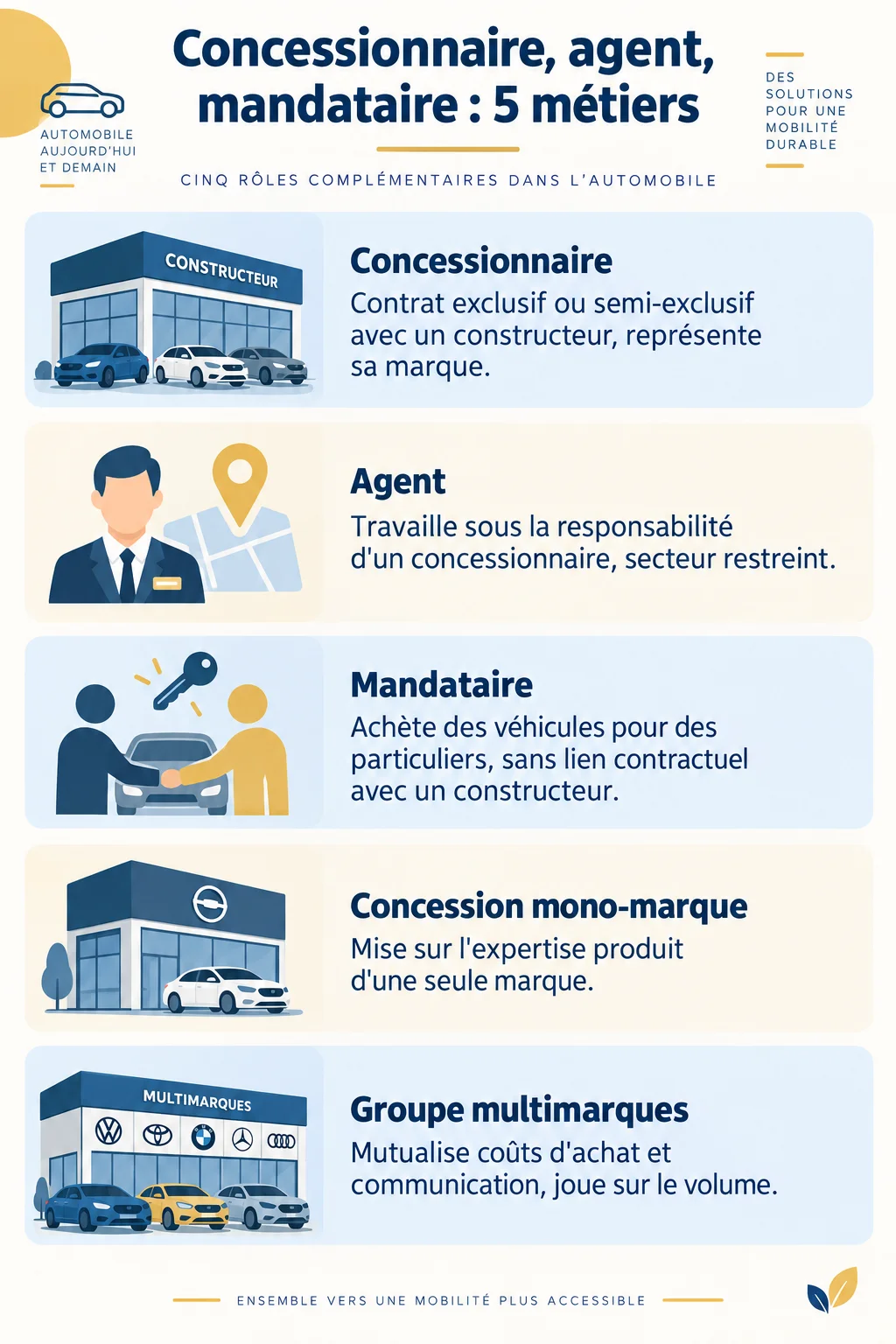 Concessionnaire, agent, mandataire : 5 métiers : Concessionnaire, Agent, Mandataire, Concession mono-marque, Groupe multimarques