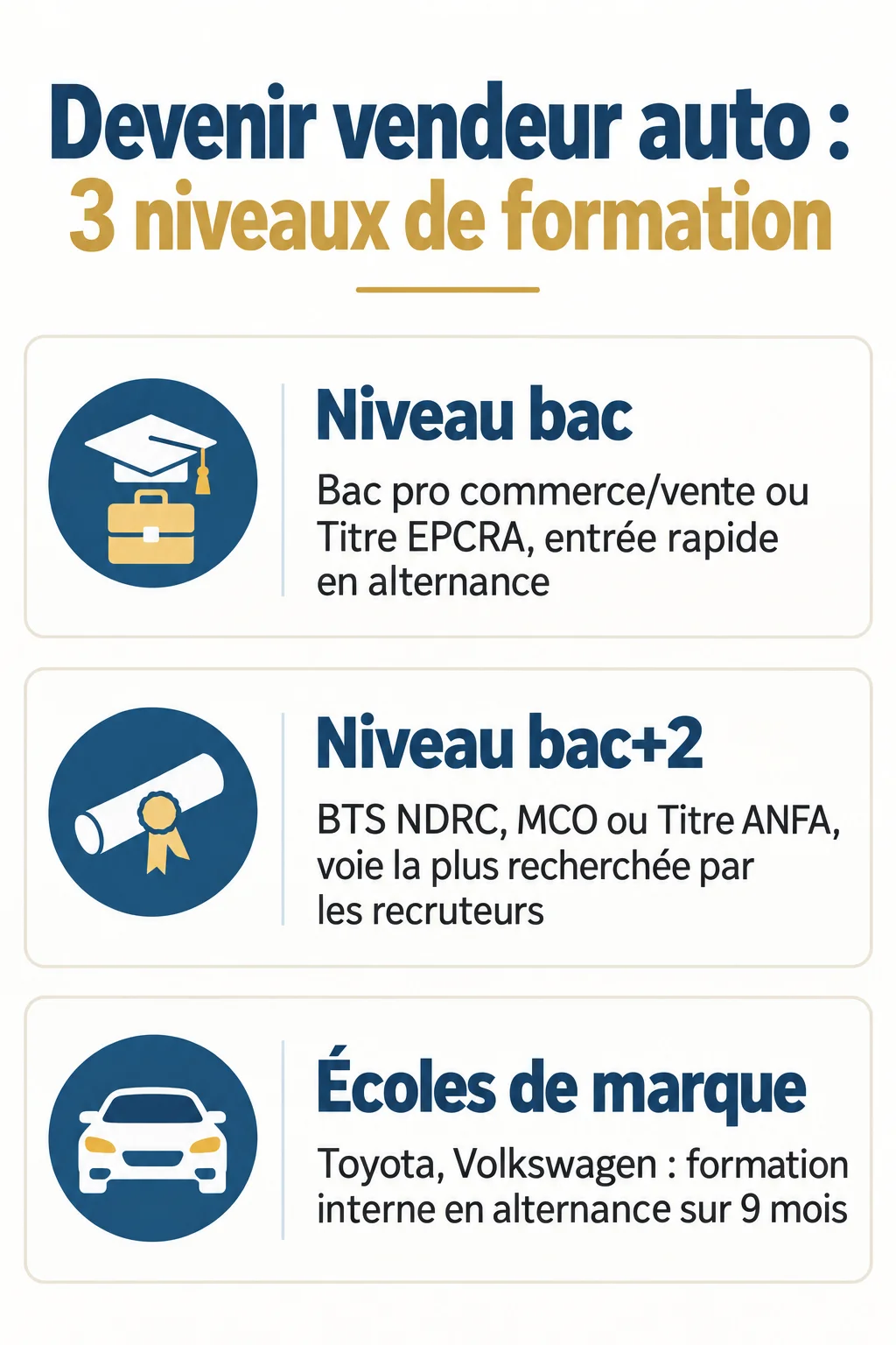 Devenir vendeur auto : 3 niveaux de formation : Niveau bac, Niveau bac+2, Écoles de marque