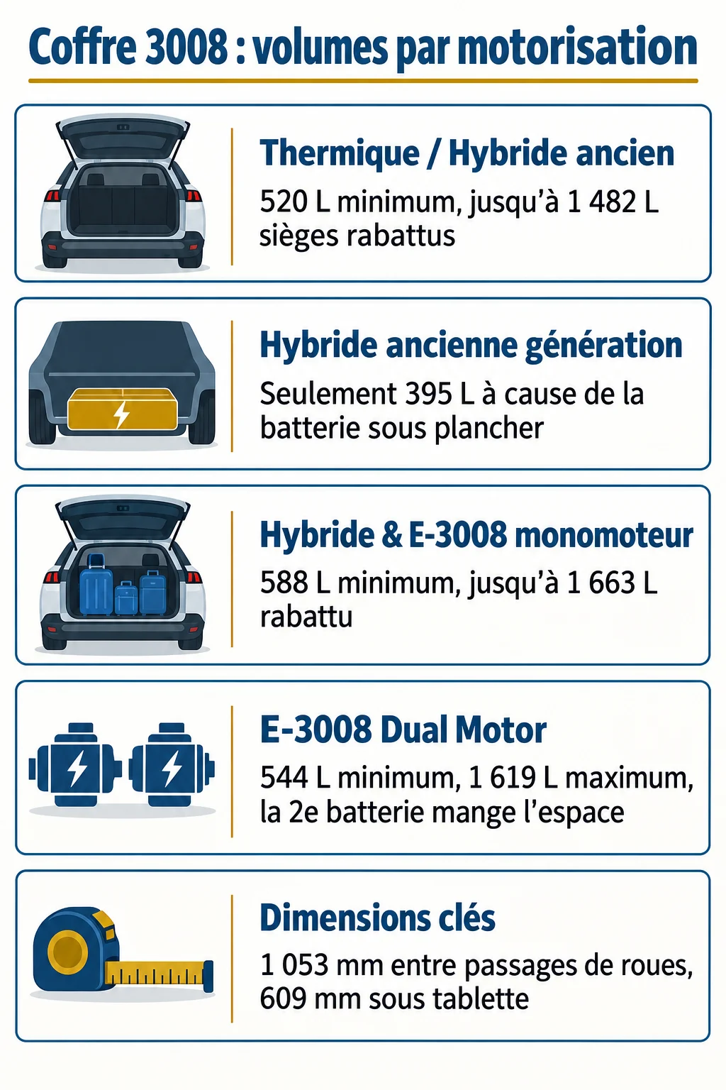 Coffre 3008 : volumes par motorisation : Thermique / Hybride ancien, Hybride ancienne génération, Hybride & E-3008 monomoteur, E-3008 Dual Motor, Dimensions clés