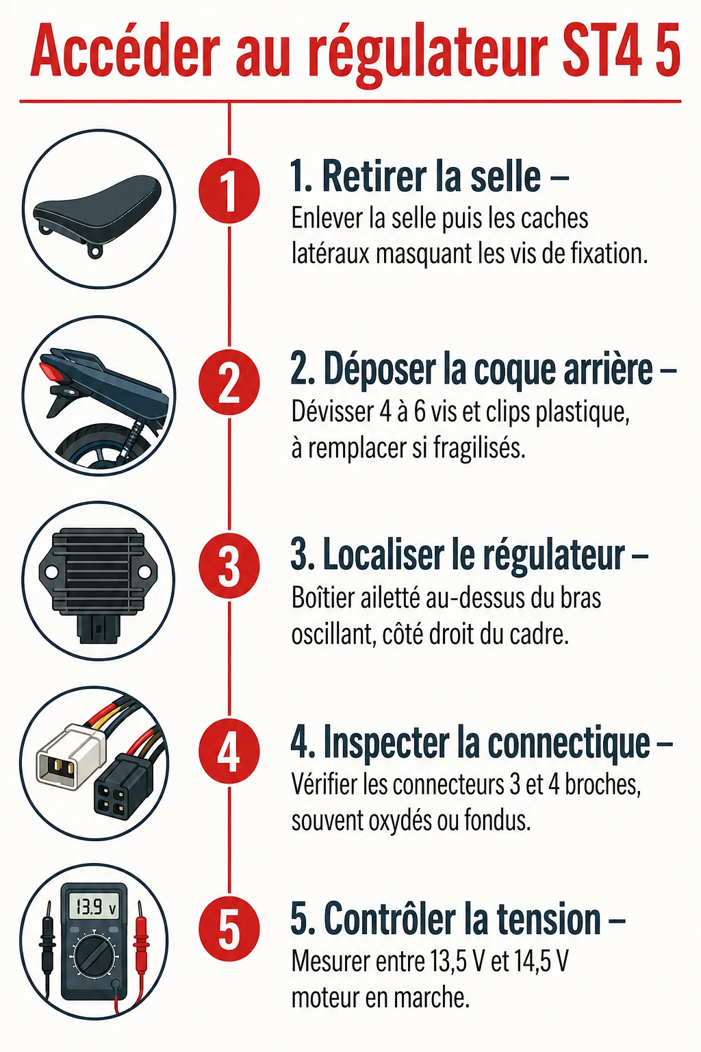 Accéder au régulateur ST4 5 : 1. Retirer la selle, 2. Déposer la coque arrière, 3. Localiser le régulateur, 4. Inspecter la connectique, 5. Contrôler la tension