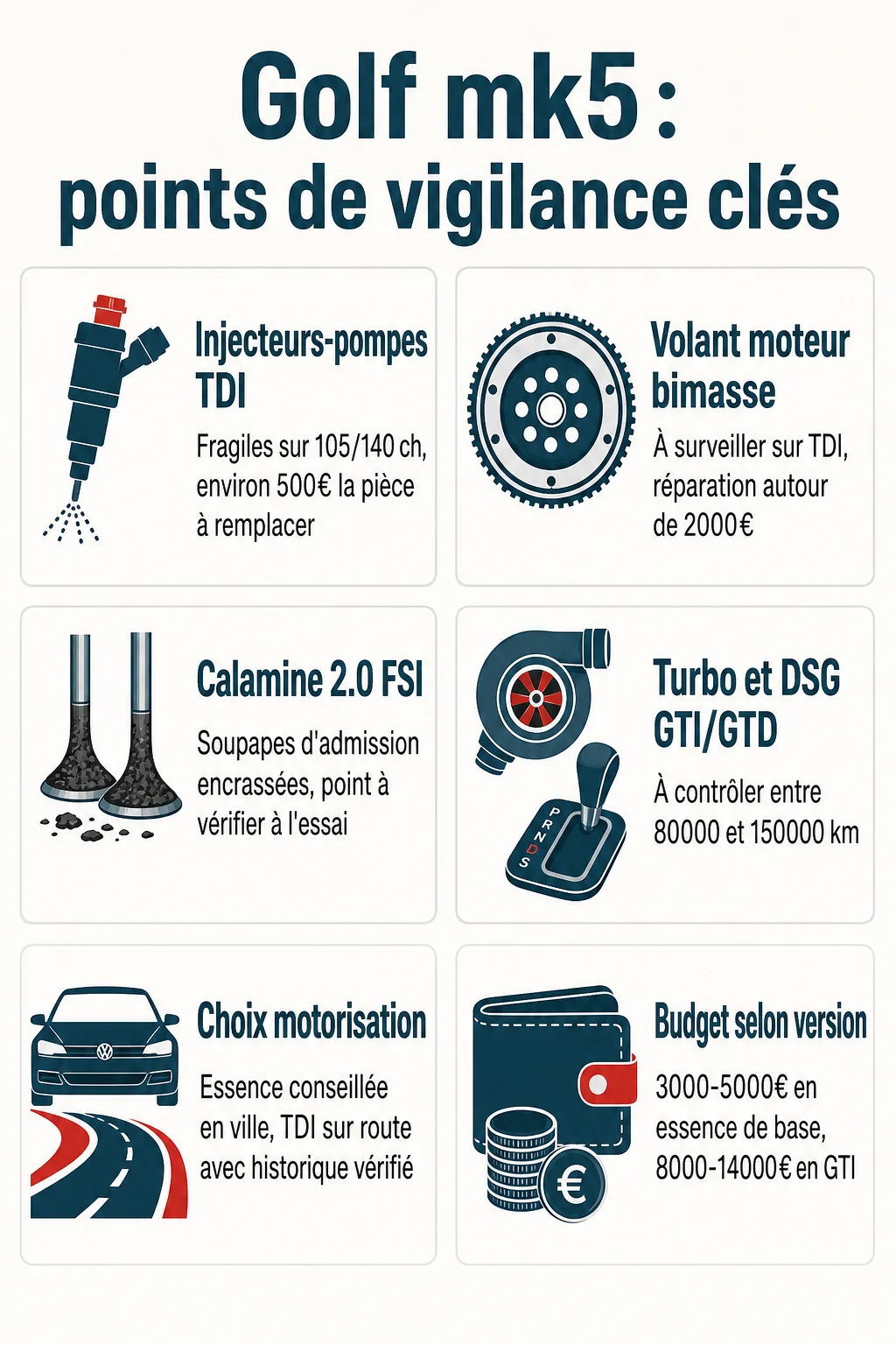 Golf mk5 : points de vigilance clés : Injecteurs-pompes TDI, Volant moteur bimasse, Calamine 2.0 FSI, Turbo et DSG GTI/GTD, Choix motorisation, Budget selon version