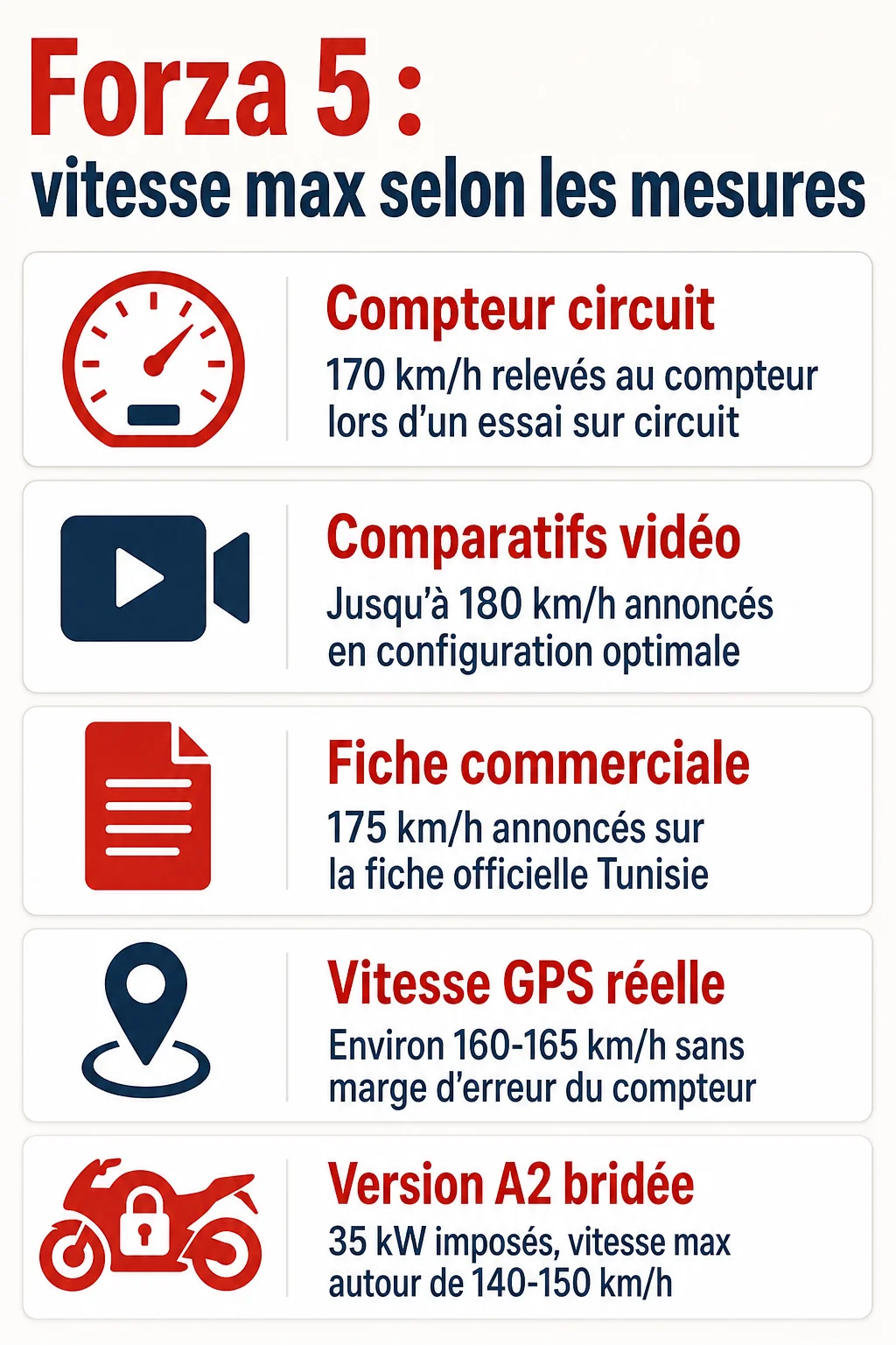 Forza 5 : vitesse max selon les mesures : Compteur circuit, Comparatifs vidéo, Fiche commerciale, Vitesse GPS réelle, Version A2 bridée