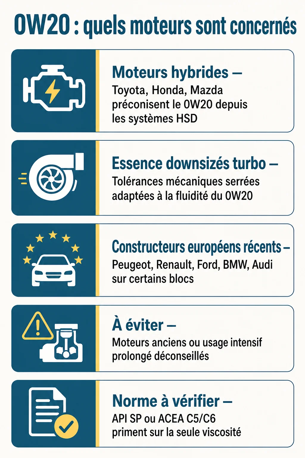 0W20 : quels moteurs sont concernés : Moteurs hybrides, Essence downsizés turbo, Constructeurs européens récents, À éviter, Norme à vérifier