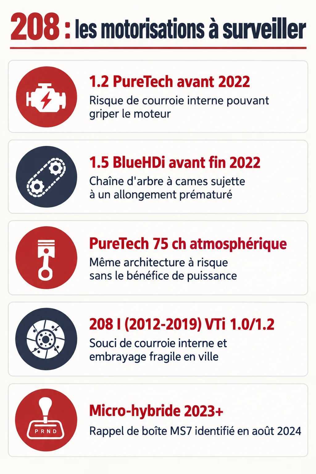 208 : les motorisations à surveiller : 1.2 PureTech avant 2022, 1.5 BlueHDi avant fin 2022, PureTech 75 ch atmosphérique, 208 I (2012-2019) VTi 1.0/1.2, Micro-hybride 2023+