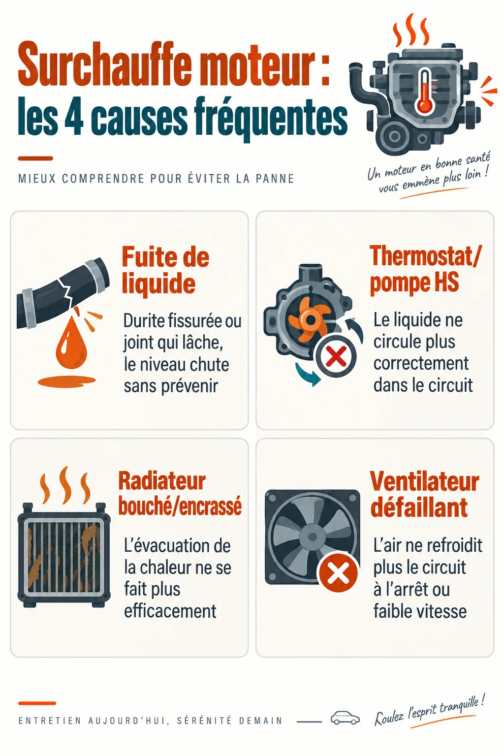 Surchauffe moteur : les 4 causes fréquentes : Fuite de liquide, Thermostat/pompe HS, Radiateur bouché/encrassé, Ventilateur défaillant