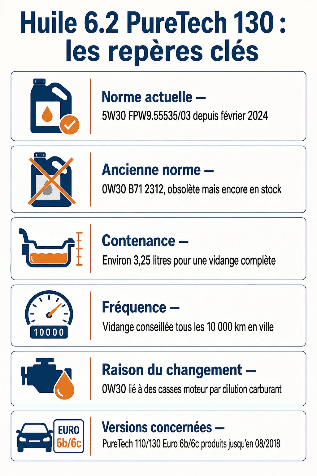 Huile 6.2 PureTech 130 : les repères clés : Norme actuelle, Ancienne norme, Contenance, Fréquence, Raison du changement, Versions concernées