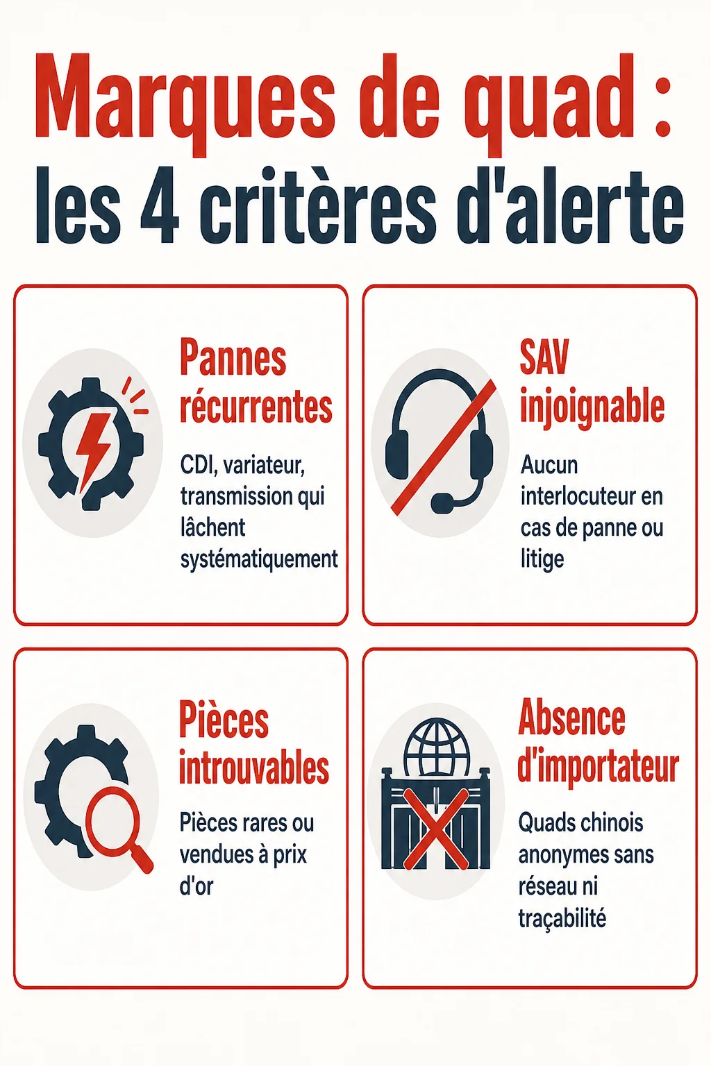Marques de quad : les 4 critères d'alerte : Pannes récurrentes, SAV injoignable, Pièces introuvables, Absence d'importateur