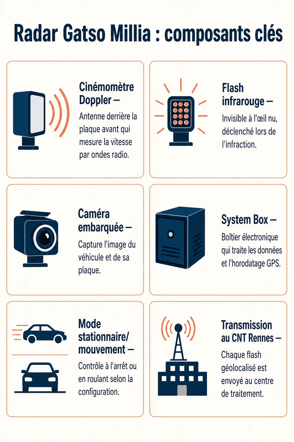 Radar Gatso Millia : composants clés : Cinémomètre Doppler, Flash infrarouge, Caméra embarquée, System Box, Mode stationnaire/mouvement, Transmission au CNT Rennes