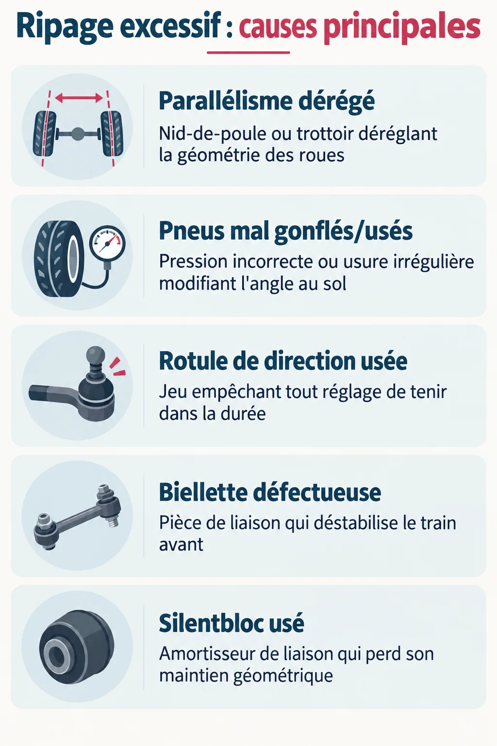 Ripage excessif : causes principales : Parallélisme dérégé, Pneus mal gonflés/usés, Rotule de direction usée, Biellette défectueuse, Silentbloc usé