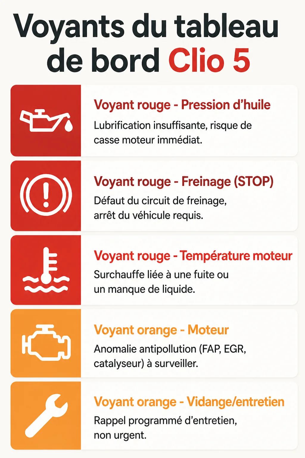 Voyants du tableau de bord Clio 5 : Voyant rouge - Pression d'huile, Voyant rouge - Freinage (STOP), Voyant rouge - Température moteur, Voyant orange - Moteur, Voyant orange - Vidange/entretien