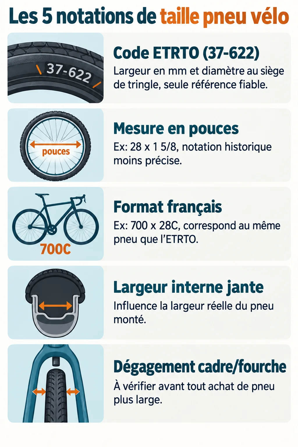 Les 5 notations de taille pneu vélo : Code ETRTO (37-622), Mesure en pouces, Format français, Largeur interne jante, Dégagement cadre/fourche
