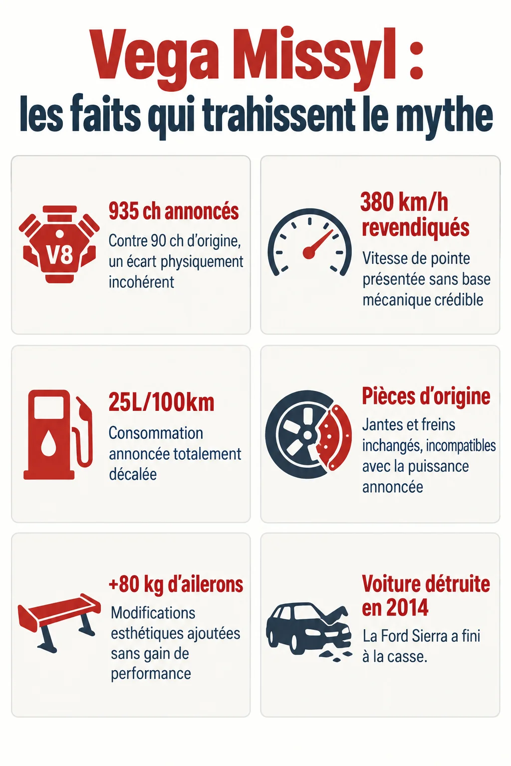 Vega Missyl : les faits qui trahissent le mythe : 935 ch annoncés, 380 km/h revendiqués, 25L/100km, Pièces d'origine, +80 kg d'ailerons, Voiture détruite en 2014