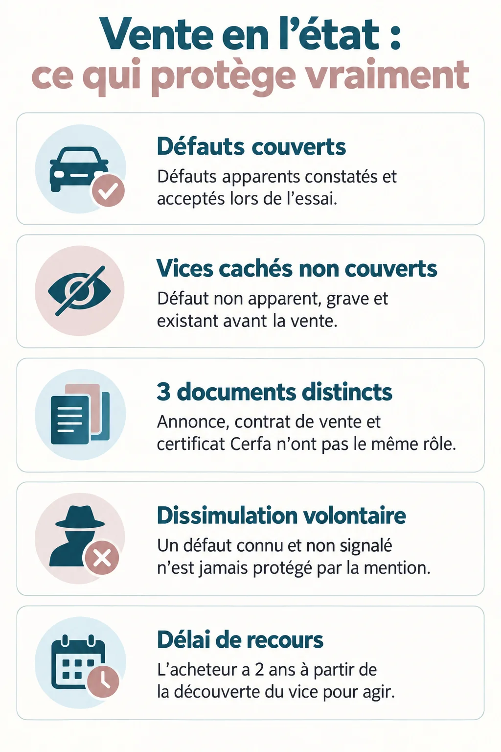 Vente en l'état : ce qui protège vraiment : Défauts couverts, Vices cachés non couverts, 3 documents distincts, Dissimulation volontaire, Délai de recours
