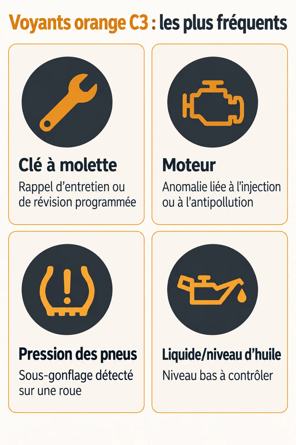 Voyants orange C3 : les plus fréquents : Clé à molette, Moteur, Pression des pneus, Liquide/niveau d'huile