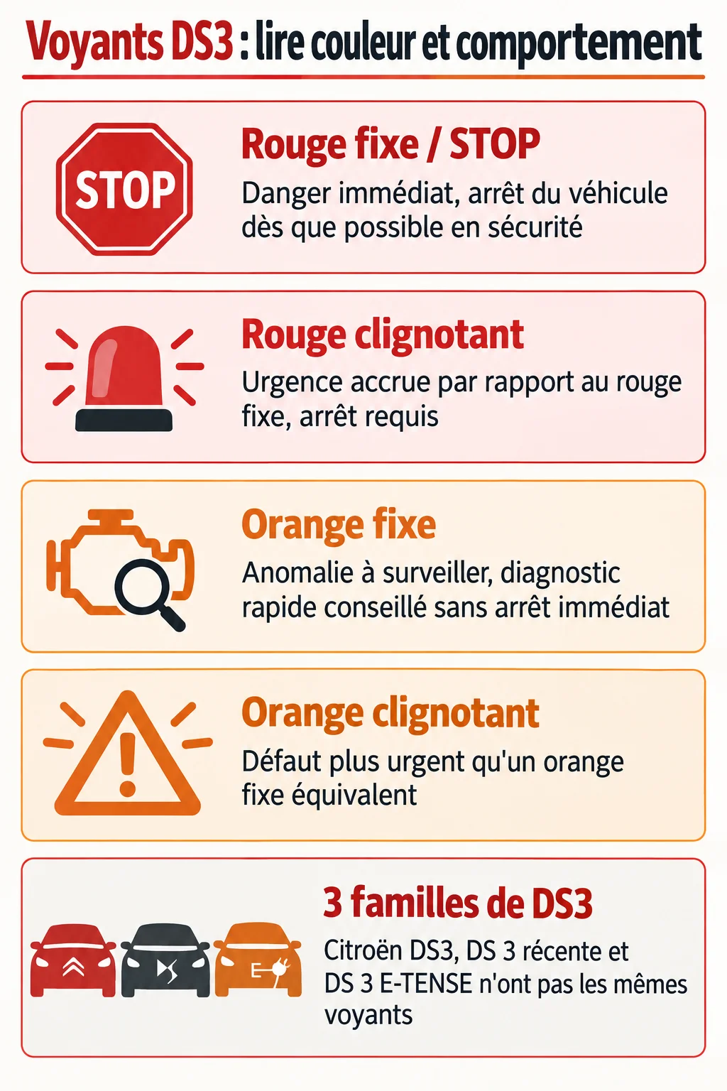 Voyants DS3 : lire couleur et comportement : Rouge fixe / STOP, Rouge clignotant, Orange fixe, Orange clignotant, 3 familles de DS3