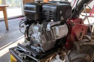 Moteur Loncin monté sur un motoculteur dans un atelier de mécanique
