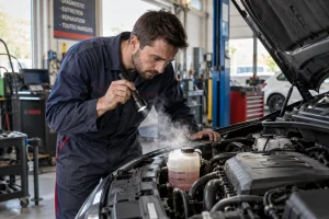 Capot ouvert avec vapeur s'échappant d'un moteur qui surchauffe, examiné par un mécanicien