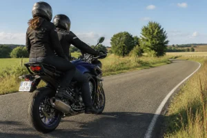 Pilote et passager équipés casque et gants sur une moto avant de partir sur route