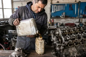 Mécanicien versant de l'huile 5W30 homologuée dans un moteur 1.2 PureTech 130 en atelier